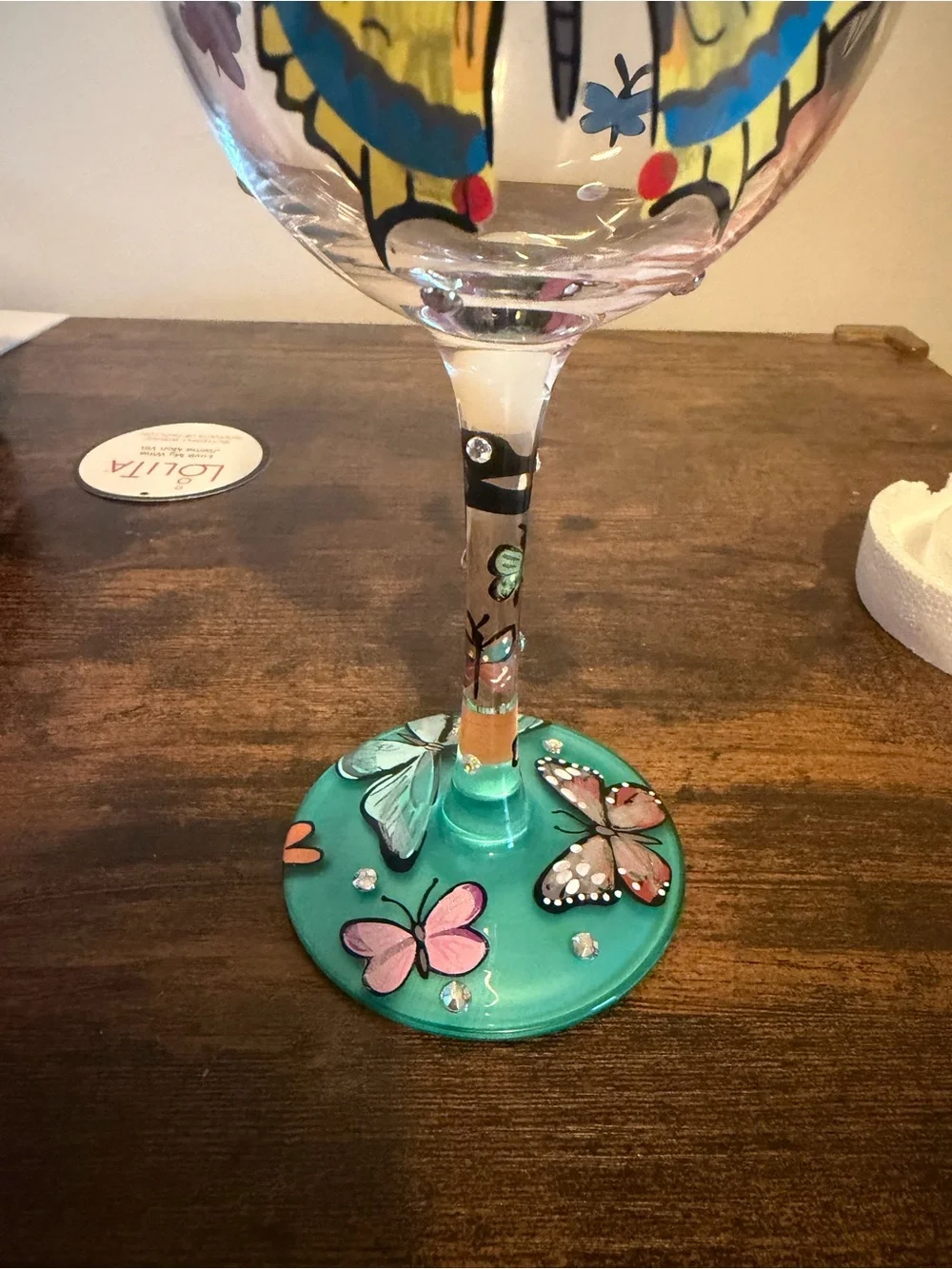 Lolita Hand-Painted Butterfly Wishes Wine Glass in Teal, Yellow, Pink